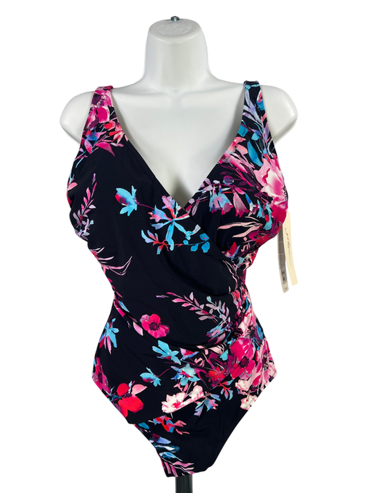 Gottex Women's Black Floral Surplice V-Neck One Piece Swimsuit - 14