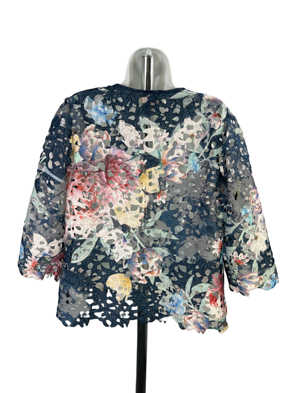 Chico's Women's Blue/Pink Flower Cut-Out Half Sleeve Open Front Jacket - 1/US M image 2