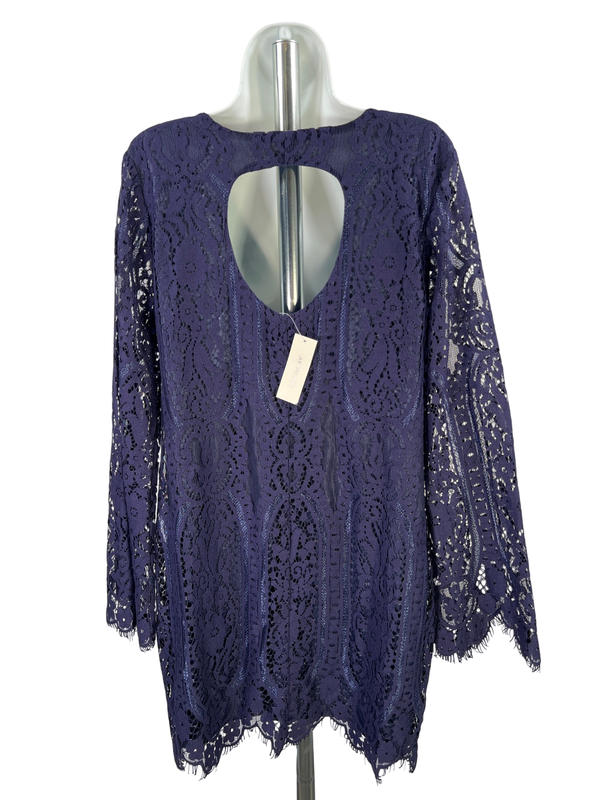 Francesca's Women's Navy Blue Open Back Lace Lined Long Sleeve Shift Dress - L image 2