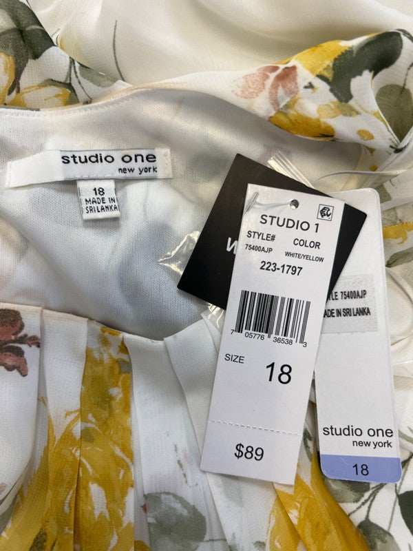 Studio One Women's White/Yellow Floral Pleated Belted Sleeveless Maxi Dress - 18 image 3