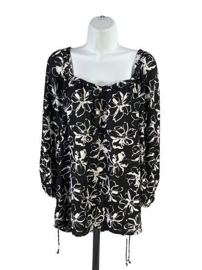 Banana Republic Women's Black/White Semi-Sheer Floral 3/4 Sleeve Blouse - L