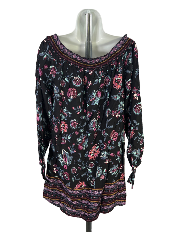 Beachlunchlounge Women's Black/Purple Floral Off-The-Shoulder Tunic Shirt - M image 2