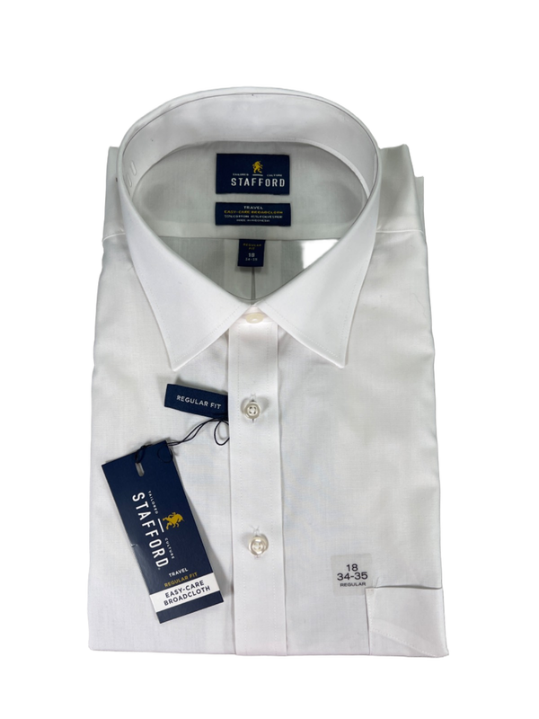 Stafford Men's White Regular Fit Travel Long Sleeve Button Up Shirt - 18