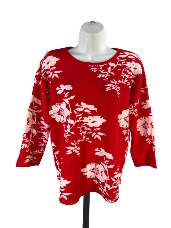 Max Studio Women's Red/White Floral 3/4 Sleeve Sweater - M