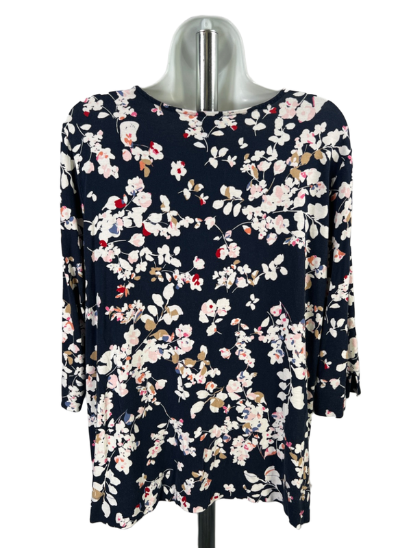 J Jill Women's Blue Floral Basic Elbow Sleeve Tee Shirt - L image 2