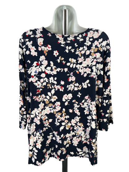 J Jill Women's Blue Floral Basic Elbow Sleeve Tee Shirt - L image 2