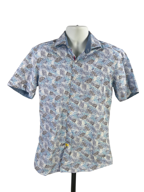 Bugatchi Men's Blue Shaped Fit Short Sleeve Button Up Shirt - M