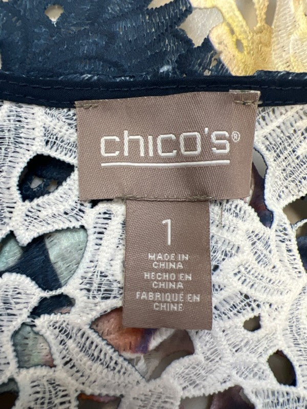 Chico's Women's Blue/Pink Flower Cut-Out Half Sleeve Open Front Jacket - 1/US M image 3