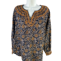 Pure Jill Women's Blue/Orange Floral Embroidered Long Sleeve Blouse - S Petite