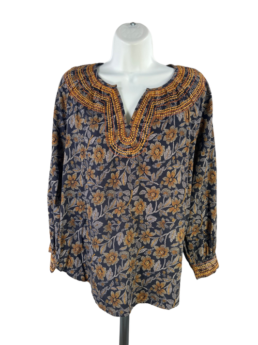 Pure Jill Women's Blue/Orange Floral Embroidered Long Sleeve Blouse - S Petite