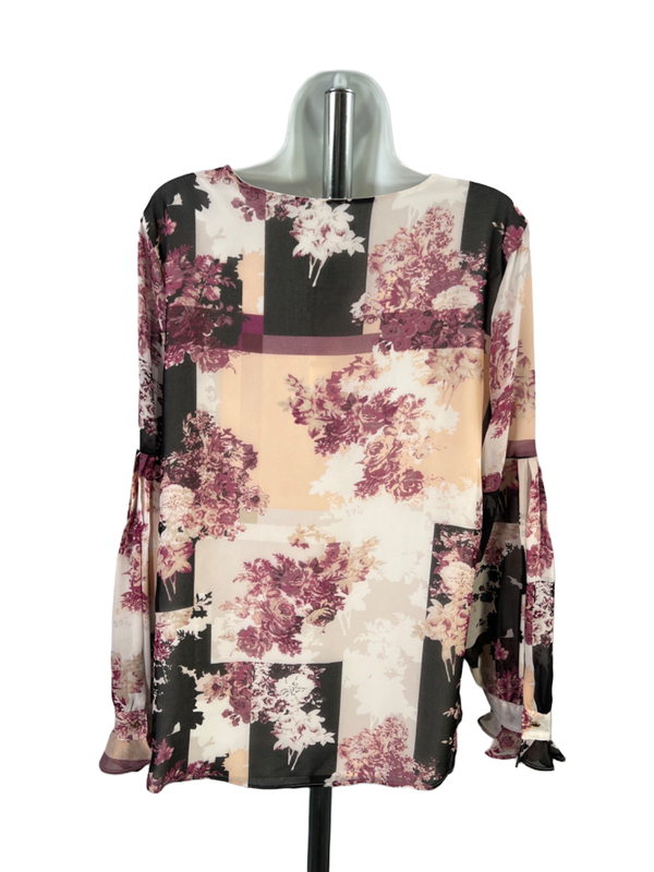 Calvin Klein Women's Purple/Black Long Sheer Sleeve V-Neck Blouse - L image 2