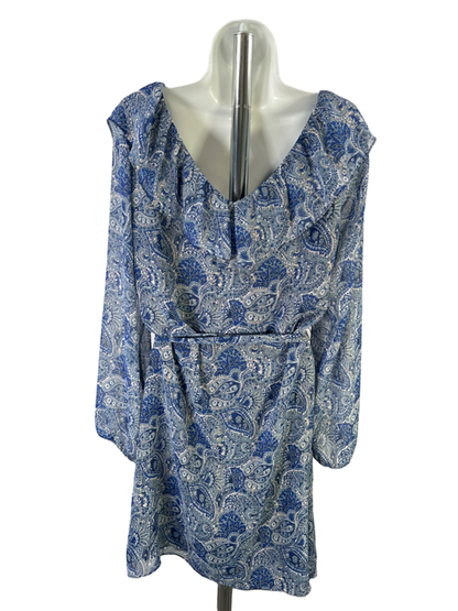 Michael Kors Women's Blue Paisley Ruffle Trim Long Sheer Sleeve Shift Dress - XL image 2