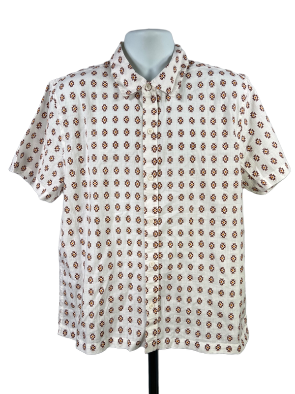 Liverpool Men's White/Brown Cotton Short Sleeve Button Up Shirt - L