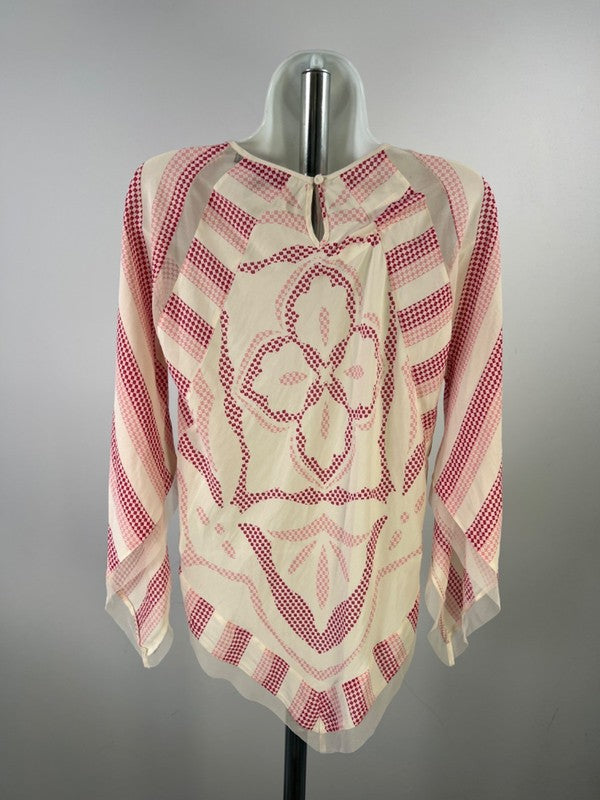 BCBGMaxazria Women's Pink/Cream Keyhole Mesh Cut Out Hankerchief Hem Blouse - S image 2