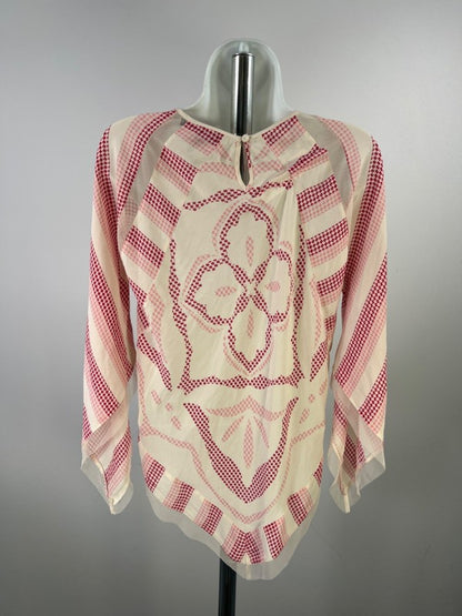 BCBGMaxazria Women's Pink/Cream Keyhole Mesh Cut Out Hankerchief Hem Blouse - S image 2