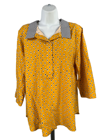 Chico's Women's Yellow/Gold 3/4 Sleeve V-Neck Pullover Blouse - 3/US 16