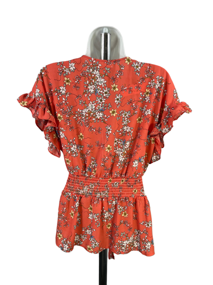 Max Studio Women's Orange Floral Belted V Neck Short Flutter Sleeve Blouse - L image 2