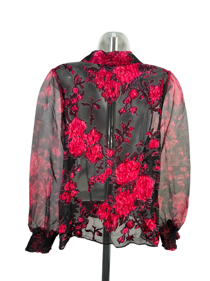 White House Black Market Women's Black/Pink Mesh Long Balloon Sleeve Blouse - M image 2