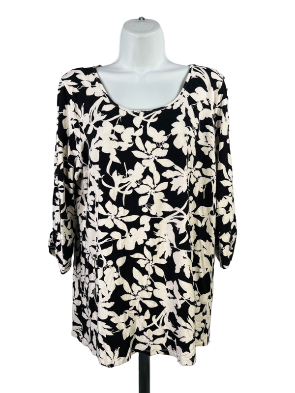 J.Jill Wearever Collection Womens Black/White Floral 3/4 Sleeve Shirt - L Petite