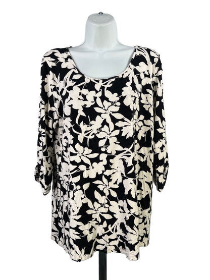 J.Jill Wearever Collection Womens Black/White Floral 3/4 Sleeve Shirt - L Petite
