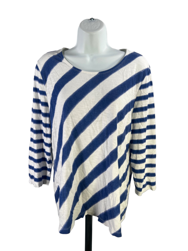 Chico's Women's White/Blue Striped 3/4 Sleeve T-Shirt - 1/US M