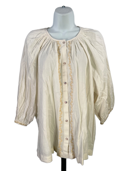 Lauren Conrad Women's White/Ivory Embroidered Elbow Balloon Sleeve Blouse - L