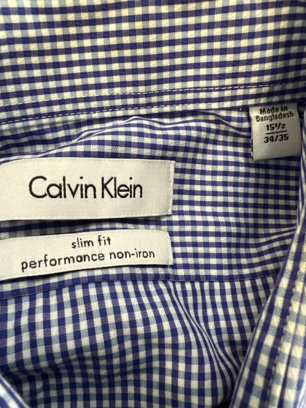 Calvin Klein Men's Blue/White Plaid Slim Fit Long Sleeve Button Up Shirt - 15.5 image 3