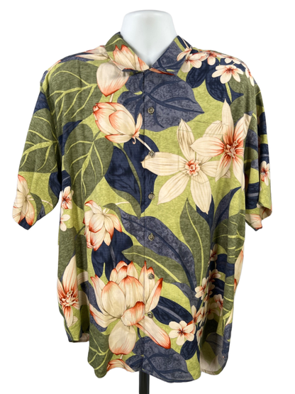 Tommy Bahama Men's Green/Blue Silk Floral Short Sleeve Button Up Shirt- XL