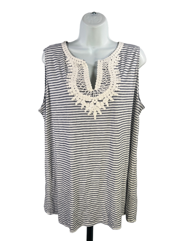 Max Studio Women's Blue/White Striped Embroidered Sleeveless Blouse - 1X Plus