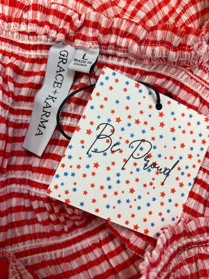 Grace + Karma Women's Red Plaid Smocked Tiered Balloon Sleeve Blouse - L image 3