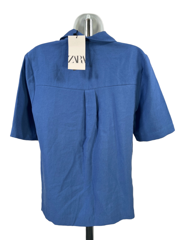 Zara Women's Blue Textured Short Sleeve Button Up Blouse - XS image 2