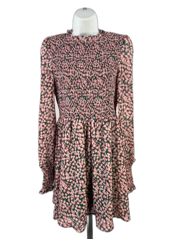 Lulu's Women's Green/Pink Floral Forever Long Sleeve Smocked Skater Dress - S