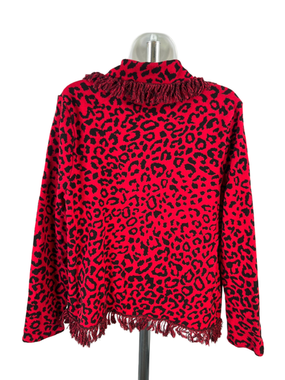 Chico's Women's Red/Black Leopard Fringe Long Sleeve Cardigan Sweater - 3/US XL image 2