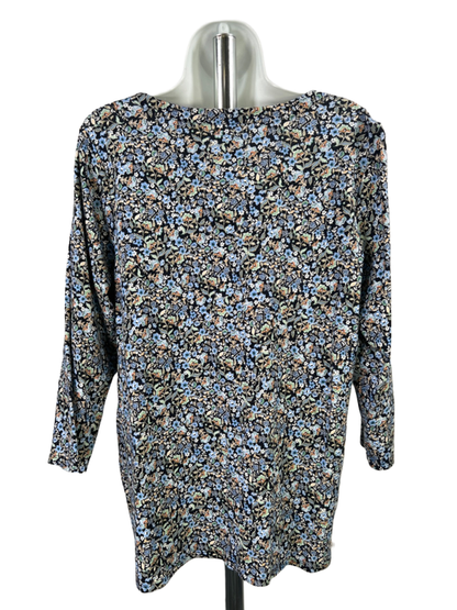 J Jill Women's Black/Blue Floral Scoop Neck 3/4 Sleeve Shirt - L image 2