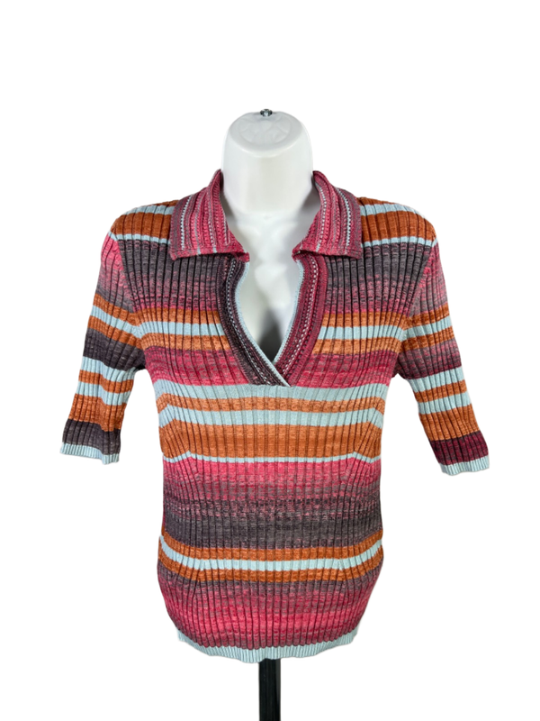 White House Black Market Women's Pink Multicolor Short Sleeve Sweater - M
