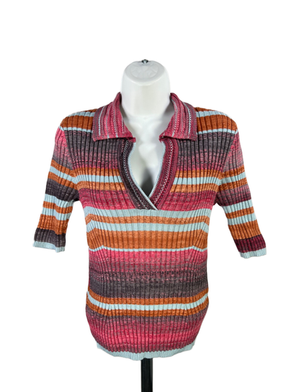 White House Black Market Women's Pink Multicolor Short Sleeve Sweater - M