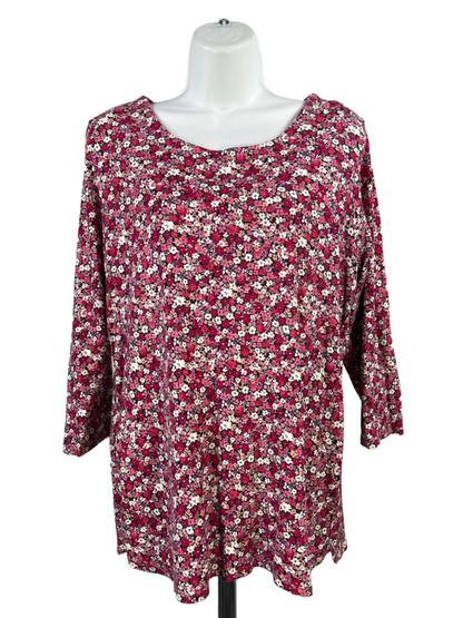 J Jill Women's Pink Floral Scoop Neck 3/4 Sleeve Tee Shirt - L