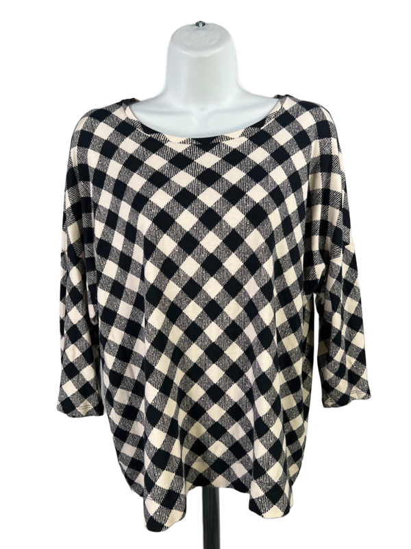 J Jill Women's Black/white Plaid Basic Elbow Sleeve Tee Shirt - L