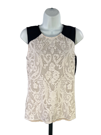 BCBGMaxazria Women's Beige/Black Sleeveless Lace Accent Semi-Sheer Blouse - S