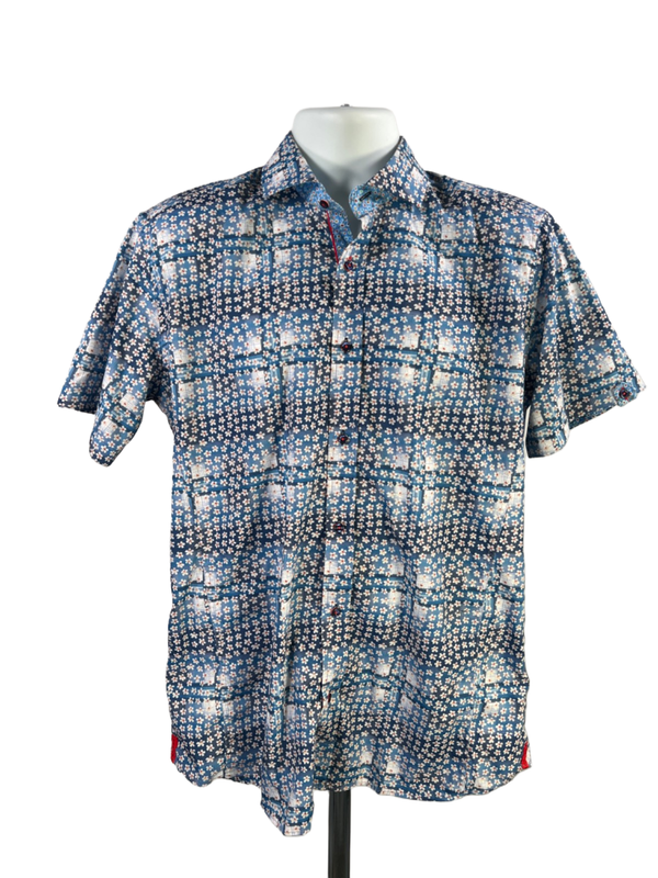 Daniel Hechter Paris Men's Blue Floral Short Sleeve Button Up Shirt - M