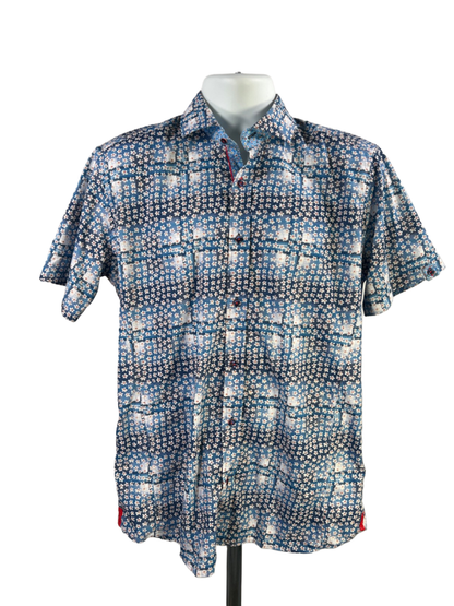 Daniel Hechter Paris Men's Blue Floral Short Sleeve Button Up Shirt - M