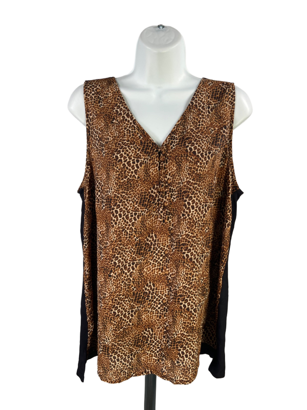 Worthington Women's Black/Brown Leopard Quarter Button Sleeveless Blouse - L