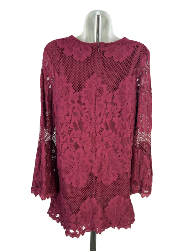 Lulu's Women's Burgundy Lace Lined Long Bell Sleeve Mini Dress - L image 2