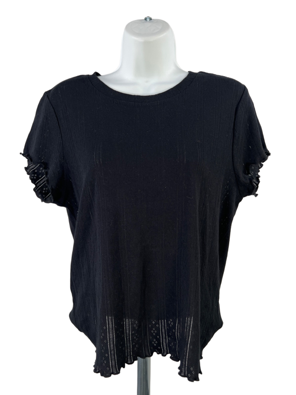 Splendid Women's Black Pointelle Lettuce Hem Short Sleeve Shirt - XL
