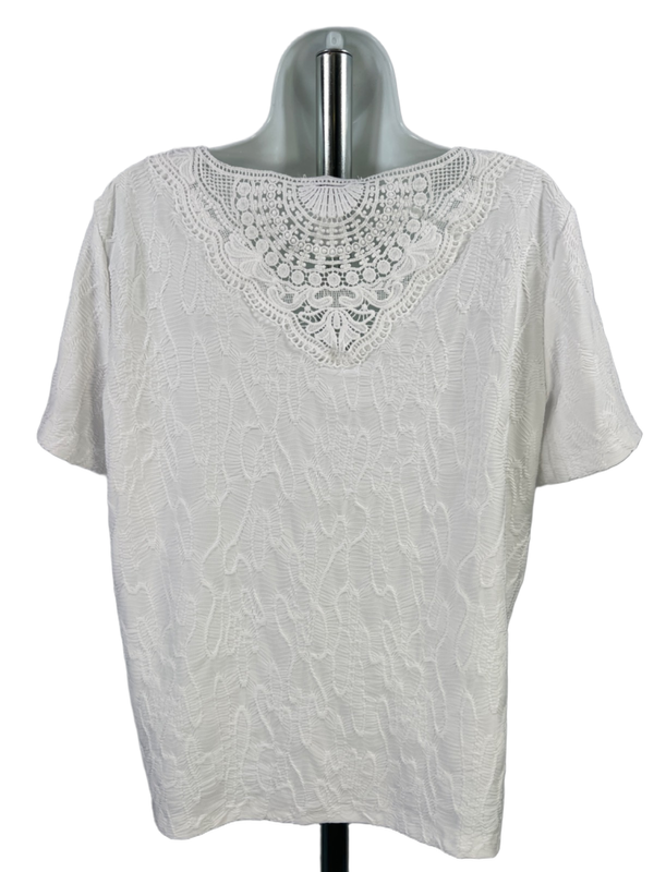 Alfred Dunner Women's White Textured Embroidered Beaded Short Sleeve Shirt - M image 2