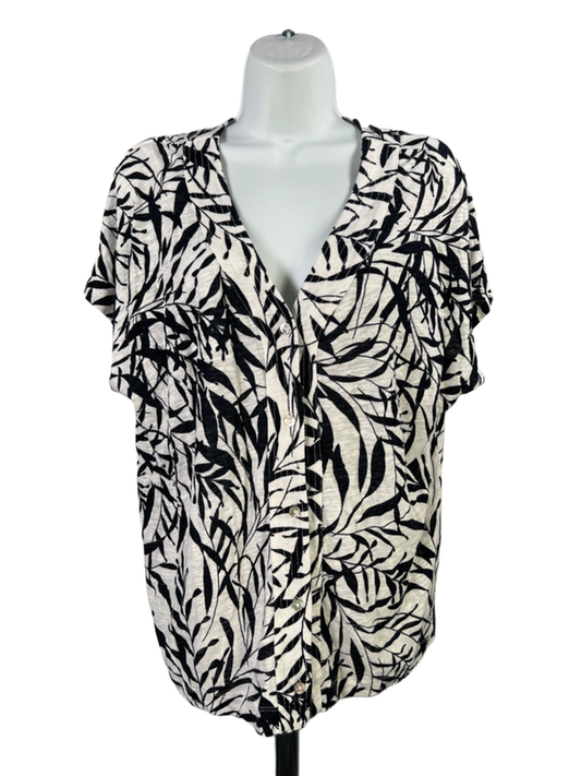 Tahari Women's White/Black Short Sleeve Linen Blend Button Up Shirt - XL