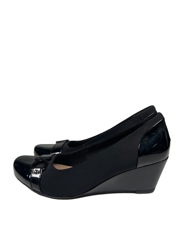 Clarks Women's Black Flores Poppy Patent Leather Wedge Pump Heels - 8 image 5