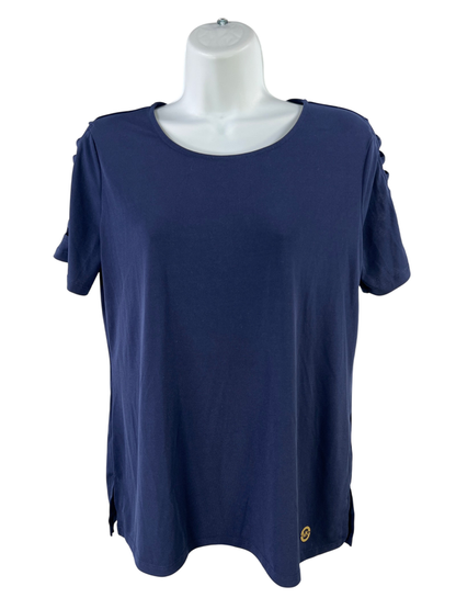 Michael Kors Women's Navy Blue Short Ribbed Sleeve T-Shirt - M
