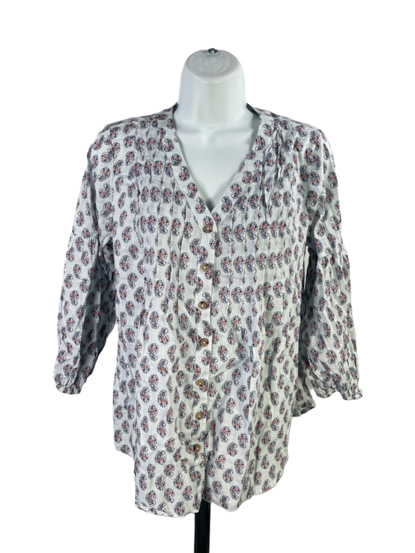 J Jill Women's Gray Paisley V Neck Long Sleeve Button Up Shirt - XS