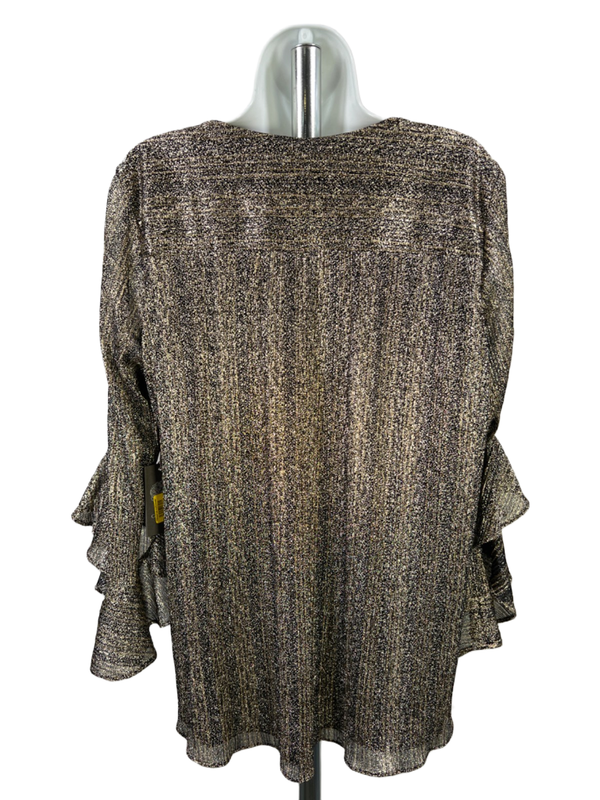 Vince Camuto Women's Black/Gold Metallic V Neck Long Ruffle Sleeve Blouse - XL image 2